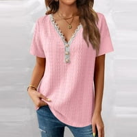 Fopp eladó női V-nyakú csipke Splicing Rövid ujjú póló divat Bordás felső pulóver Rózsaszín L