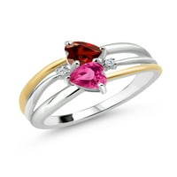 Gem Kő Király 1. Ct vörös gránát Rózsaszín létrehozott zafír ezüst és 10K sárga arany Labor nőtt gyémánt gyűrű