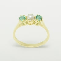 Brit készült 18K sárga arany női gyűrű tenyésztett gyöngy & Emerald Anniversary Ring - méret opciók-Méret 7.5