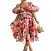 Capreze női Maxi ruhák vállról nyári strand Sundress Rövid ujjú hosszú ruha Laza Virágmintás Piros XL