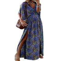 Luxplum női nyári strand Sundress Virágmintás Maxi ruhák rövid ujjú hosszú ruha Laza utazási Kék 2XL