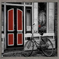 Városi kerékpár fekete-fehér színben kiválasztott piros fali poszter, 22.375 34 keretes