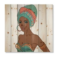 Designart 'Afro -amerikai nő turbánnal és fülbevalóval' Modern nyomtatás természetes fenyőfán