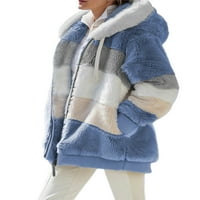LisenraIn Női Fuzzy Gyapjú Kabát Kabát Kapucnis Zip Up Színes Blokk Plüss Kabátok Fau Szőrme Téli Meleg Felsőruházat