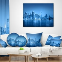 New York City Blue Panorama - Cityscape Drow Pillow - 18x18