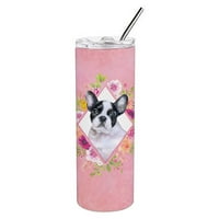 Carolines kincsek ck4143tbl Francia Bulldog rózsaszín virágok rozsdamentes acél oz vékony pohár, oz, Többszínű
