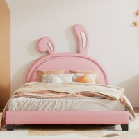 Aukfa kárpitozott platform ágy nyuszi füldeszkával gyerekeknek, fau bőr teljes ágykeret - rózsaszín