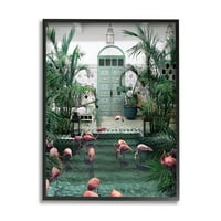 Stupell Industries trópusi flamingo medence üdülőhely grafikus művészet fekete keretes művészet nyomtatott fali művészet,